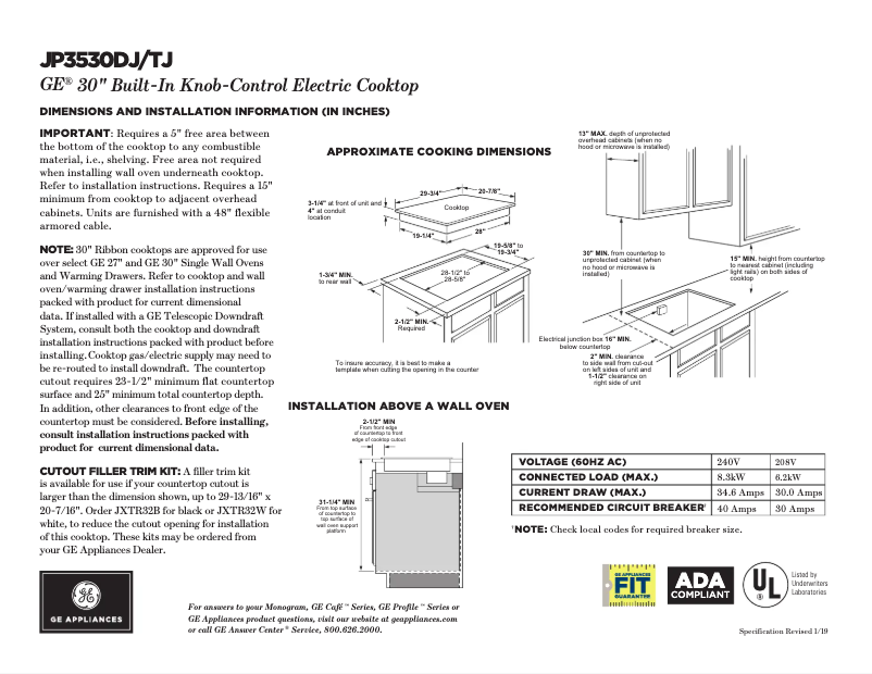 Page 1 de la notice Fiche technique GE JP3530DJBB