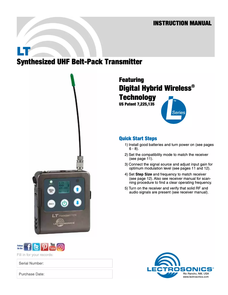 Page 1 de la notice Manuel utilisateur Lectrosonics LT