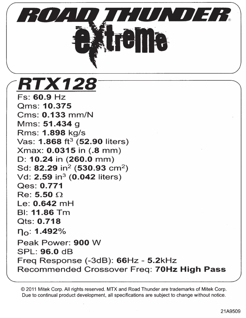 Page n°1 - Manuel utilisateur MTX Audio Road Thunder Extreme RTX128