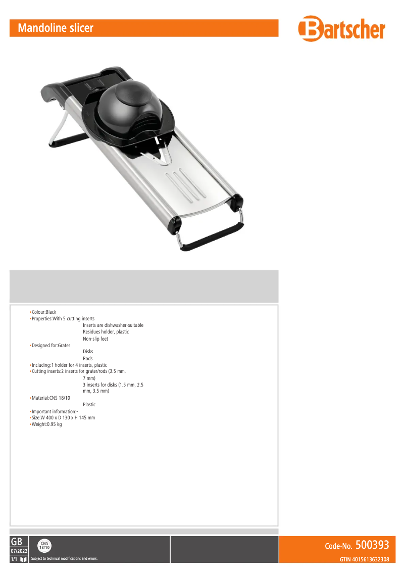 Page 1 de la notice Fiche technique Bartscher 500393