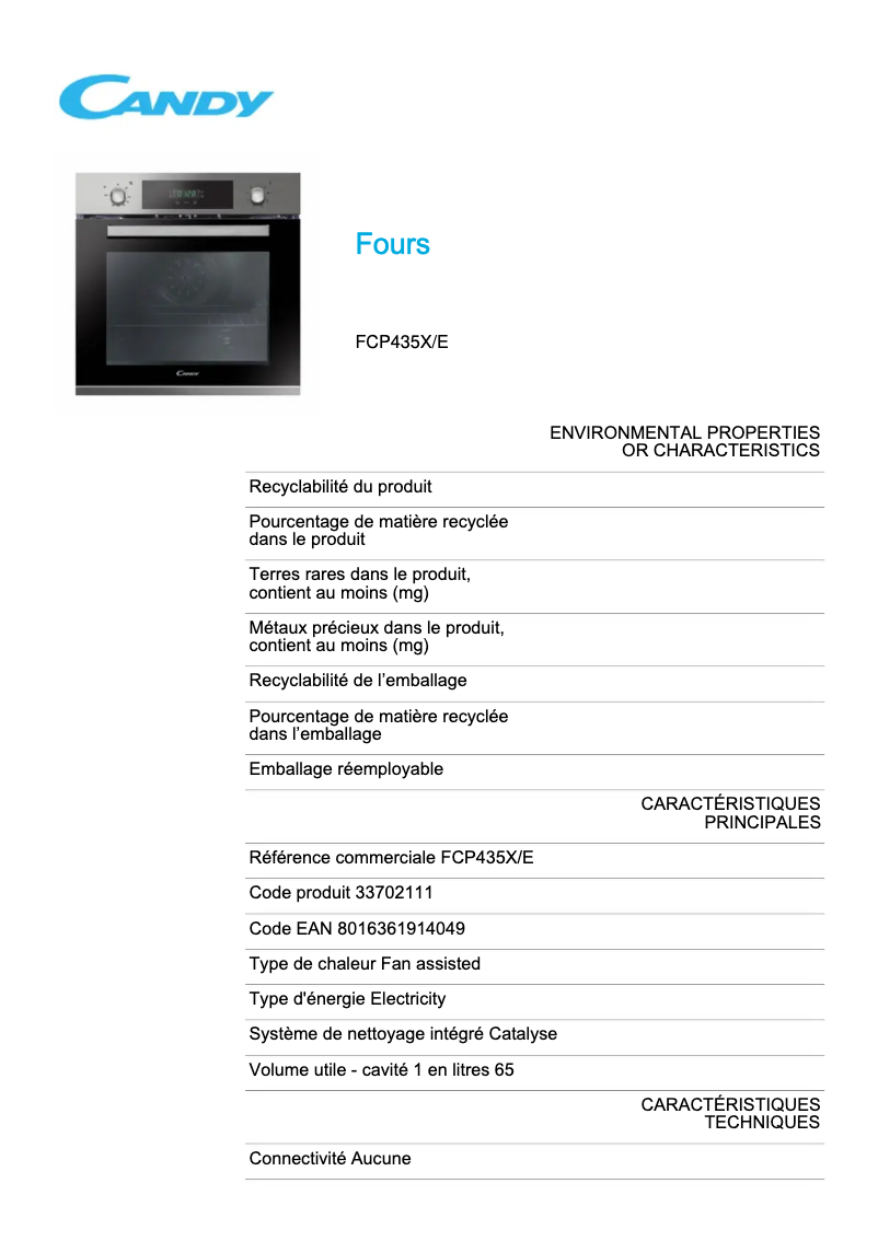 Page 1 de la notice Fiche technique Candy FCP435X/E