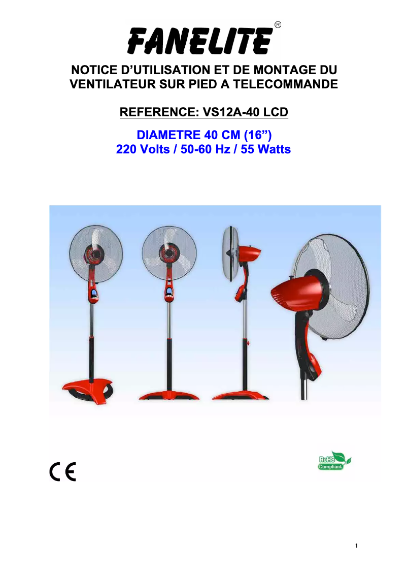 Page 1 de la notice Manuel utilisateur Fanelite VS12A-40 LCD