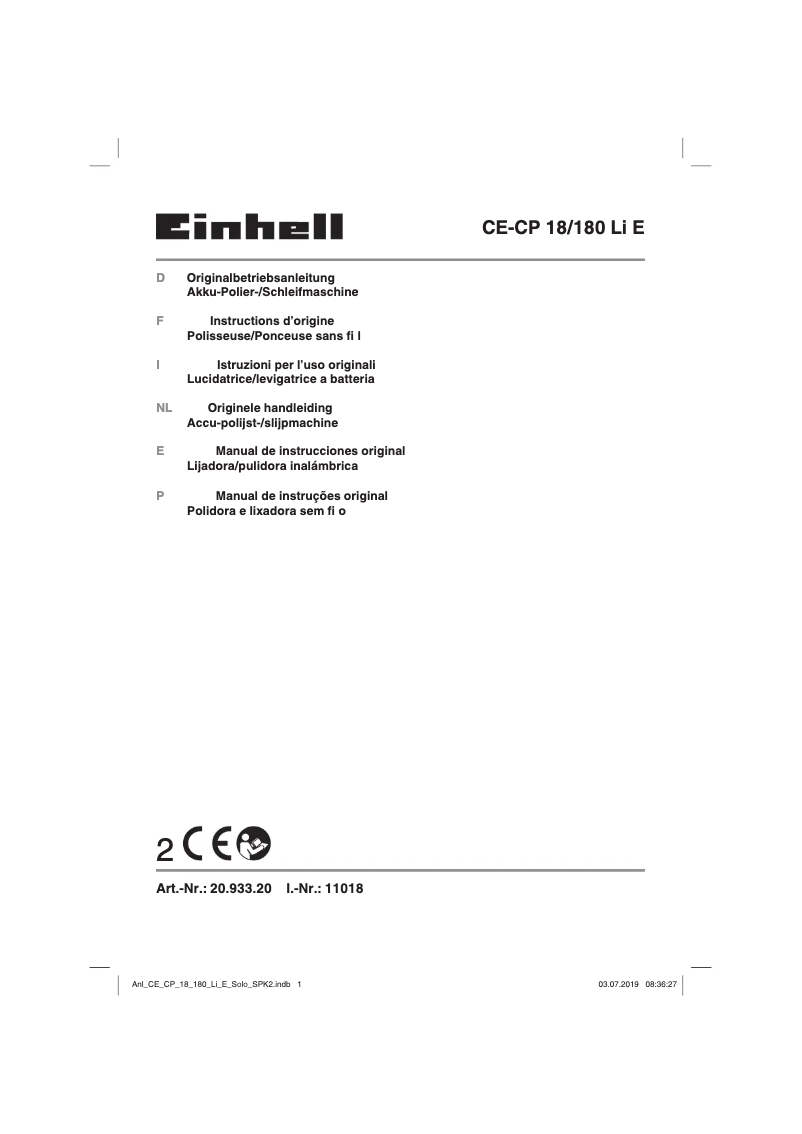 Page 1 de la notice Manuel utilisateur Einhell CE-CP 18/180 Li E-Solo