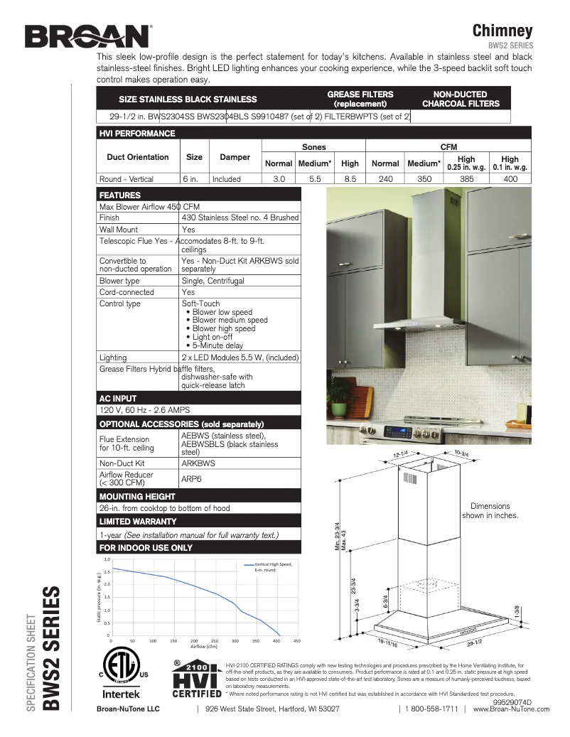 Page 1 de la notice Fiche technique Broan BWS2304SS