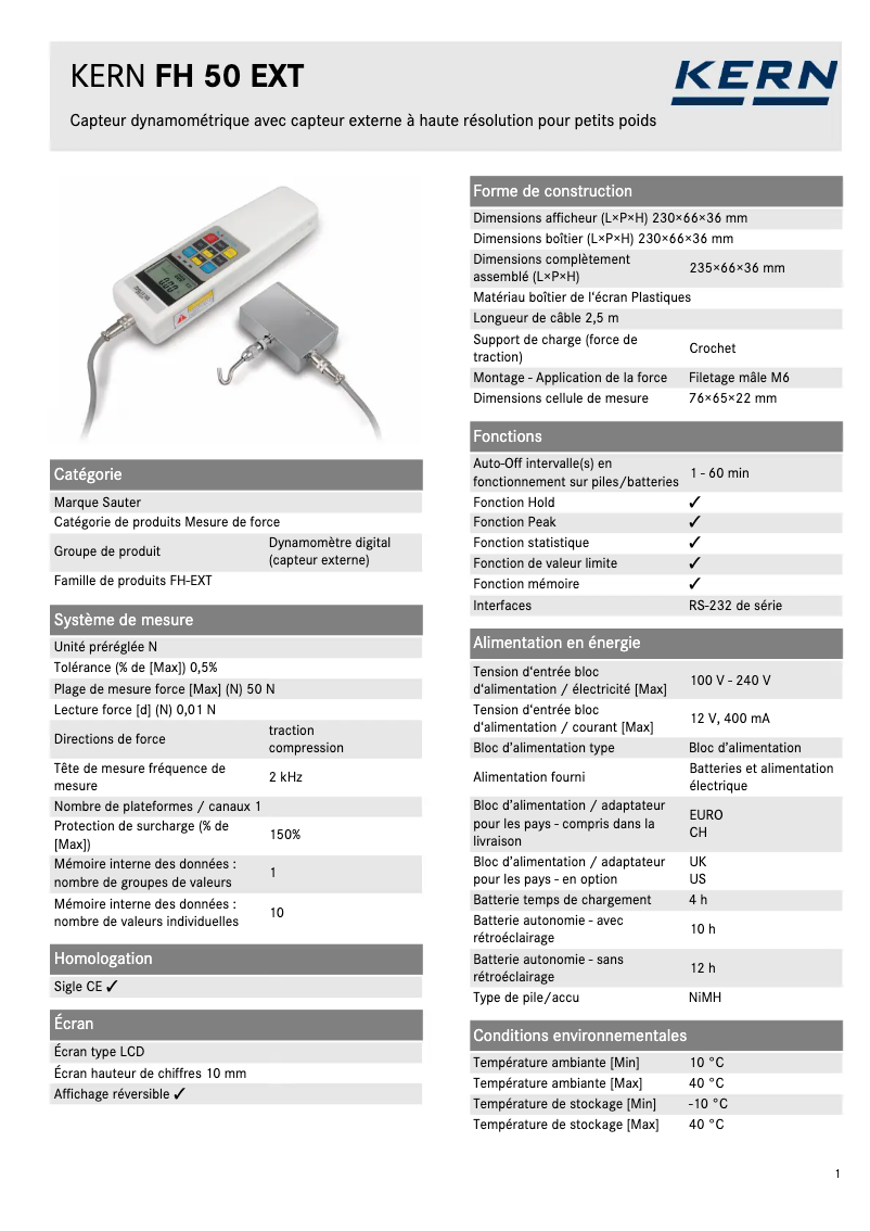 Page 1 de la notice Fiche technique Kern FH 50 EXT