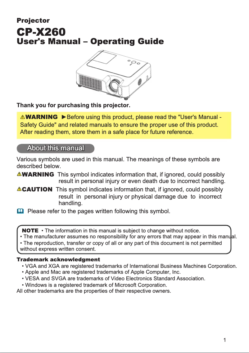 Page 1 de la notice Manuel utilisateur Hitachi CP-X260