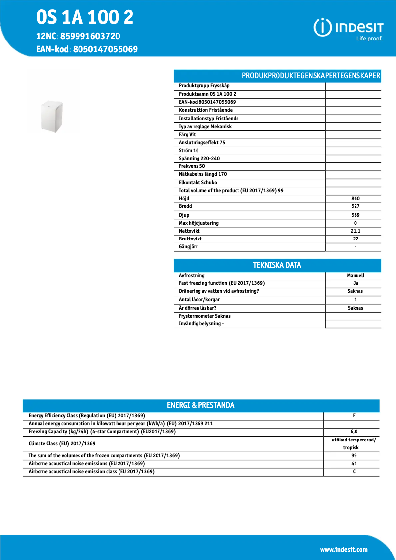 Page 1 de la notice Fiche technique Indesit OS 1A 100 2