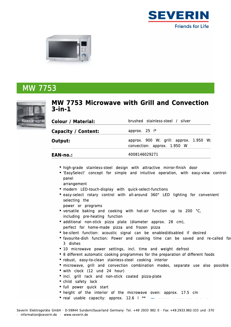 Page n°1 - Fiche technique Severin MW 7753