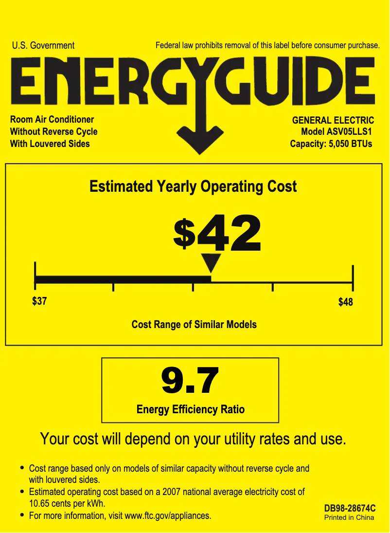 Page 1 de la notice Label énergétique GE ASV05LL
