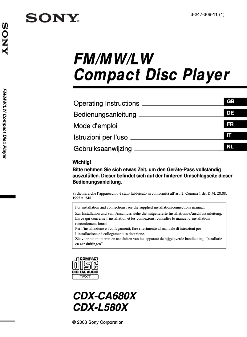 Image de la première page du manuel de l'appareil CDX-L580X