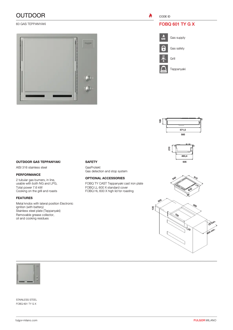 Page 1 de la notice Fiche technique Fulgor Milano FOBQ 601 TY G X