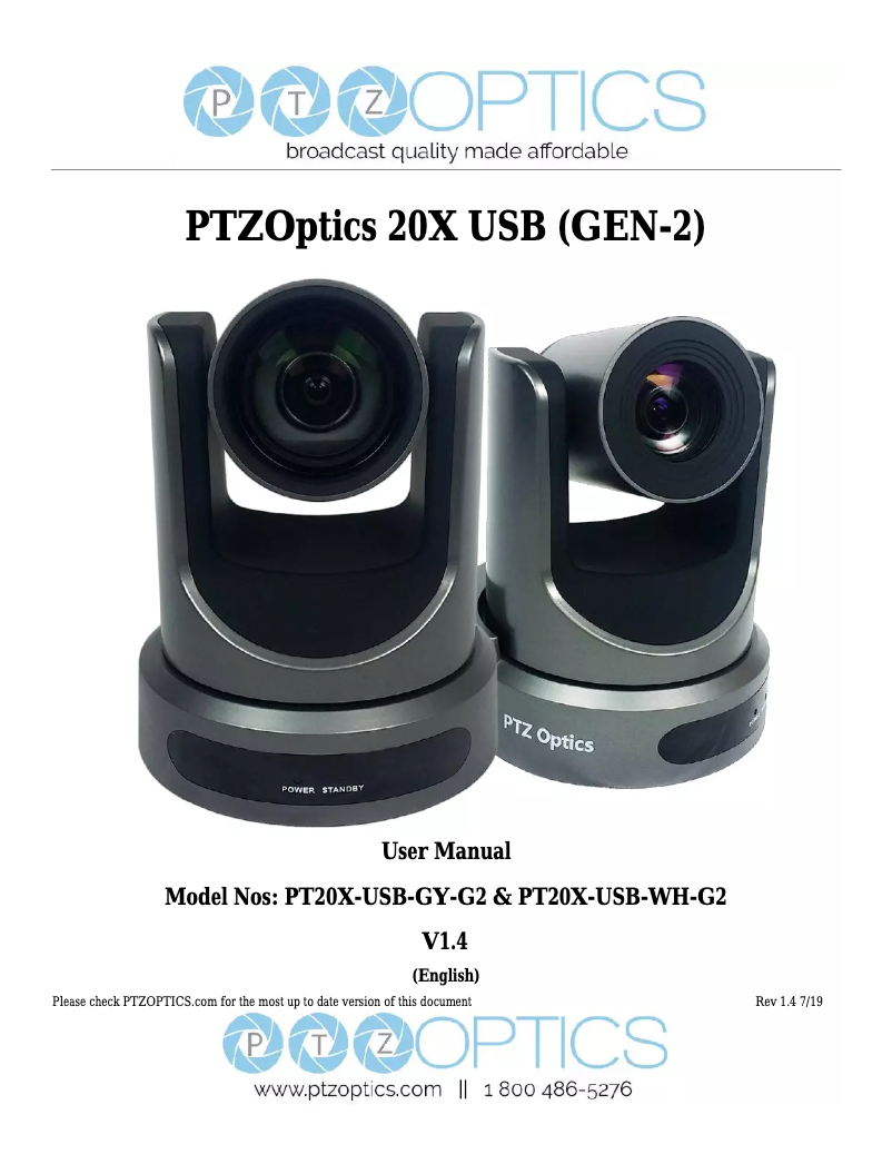 Page 1 of the manual User Manual PTZ Optics 20X