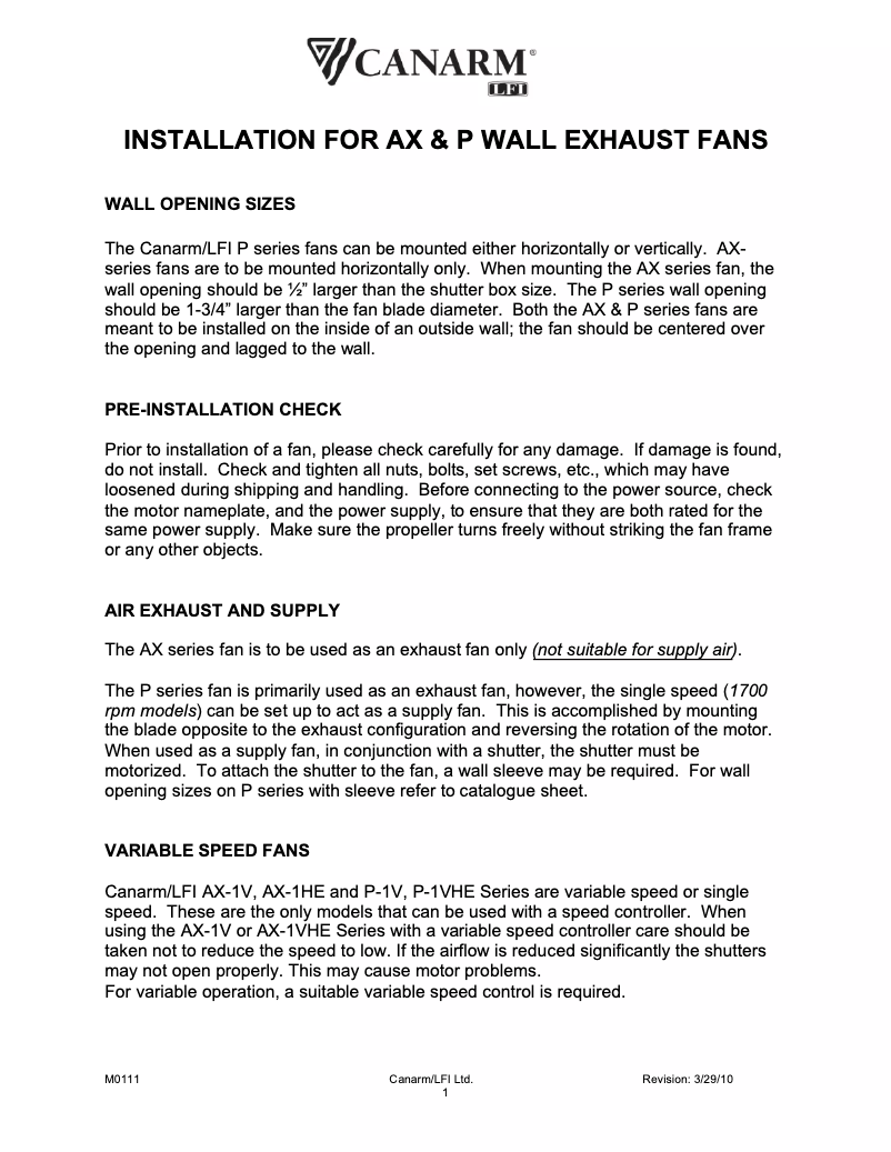 Page 1 de la notice Manuel utilisateur Canarm AX24-1V