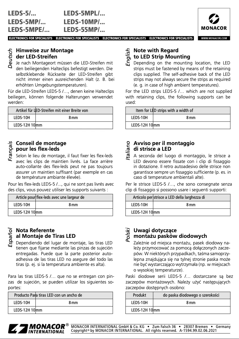 Page n°1 - Manuel utilisateur Monacor LEDS-5MPL/WS
