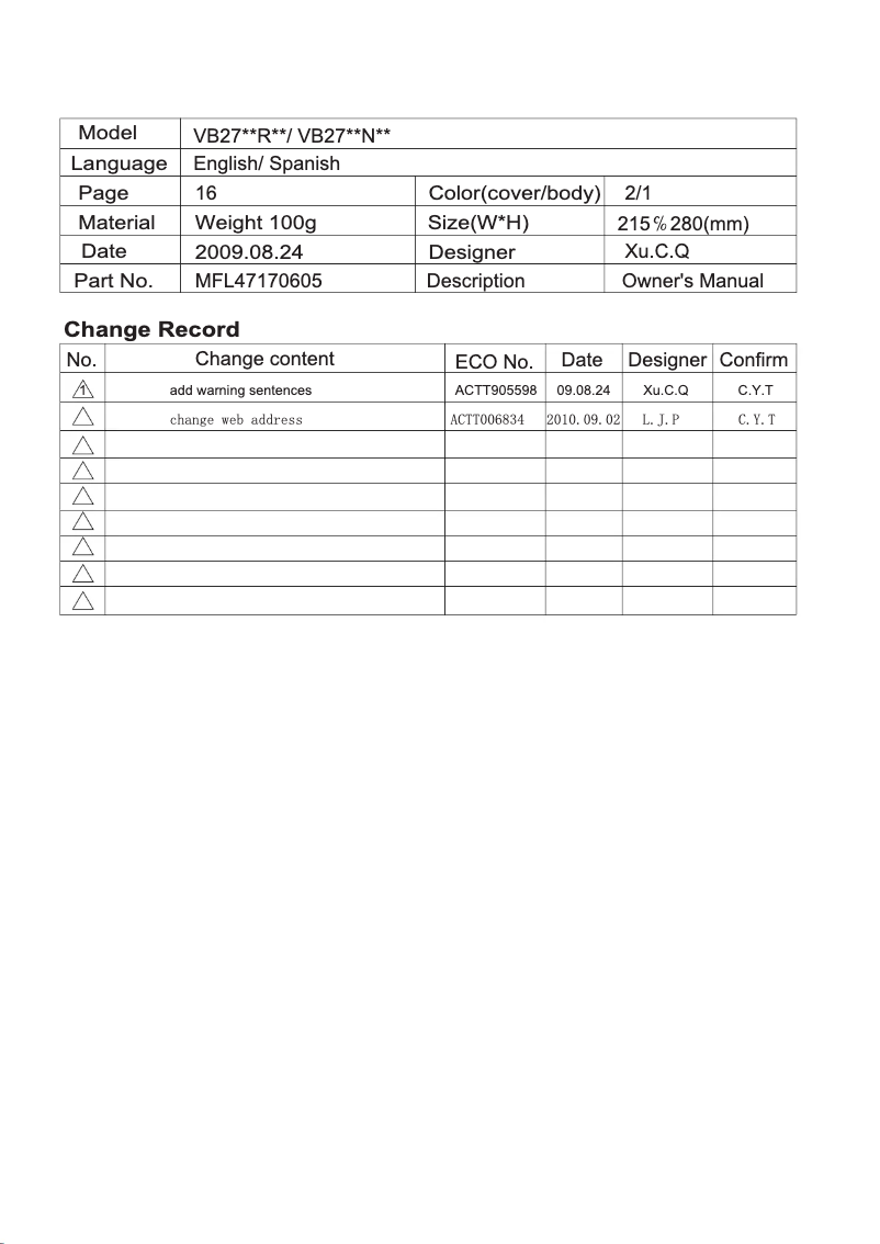 Page 1 de la notice Manuel utilisateur LG VB2718RT
