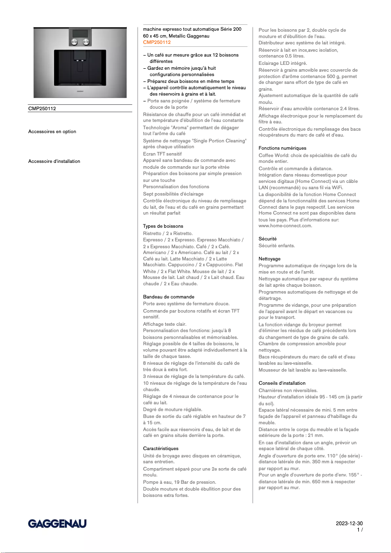 Page 1 de la notice Fiche technique Gaggenau CMP250112