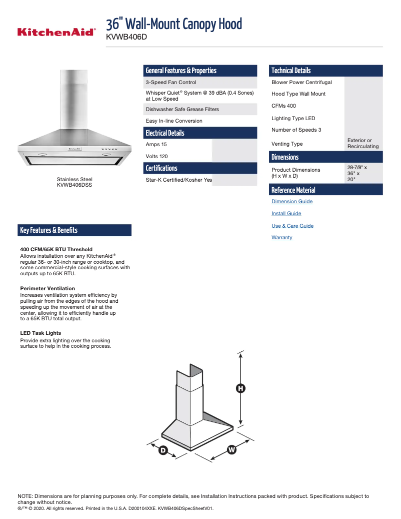 Page 1 de la notice Fiche technique KitchenAid KVWB406DSS