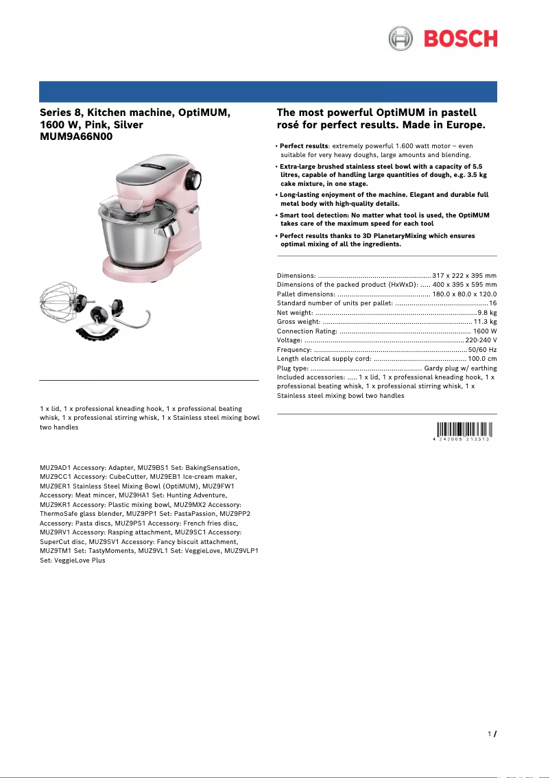 Page 1 de la notice Fiche technique Bosch MUM9A66N00