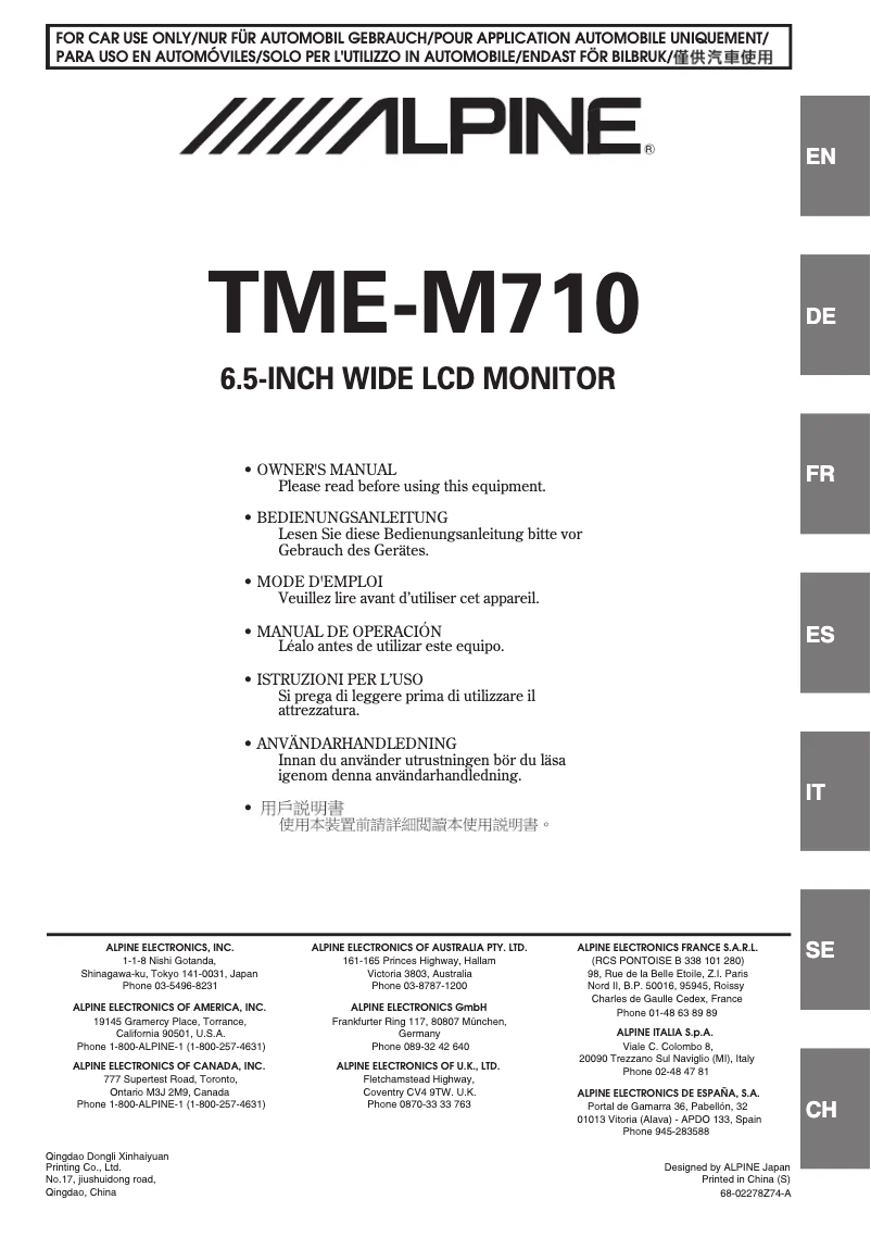 Page 1 de la notice Manuel utilisateur Alpine TME-M710