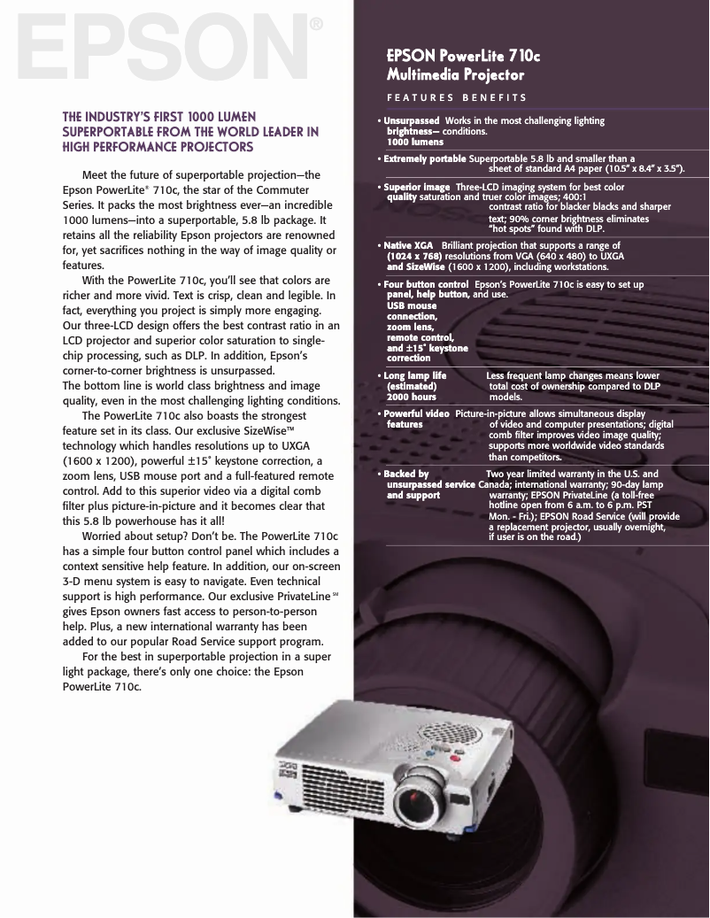 Imagen de la primera página del manual del dispositivo PowerLite 710c