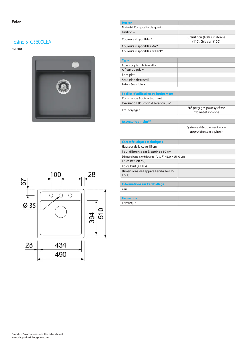 Page 1 de la notice Fiche technique Blaupunkt Tesino STG3600CEA