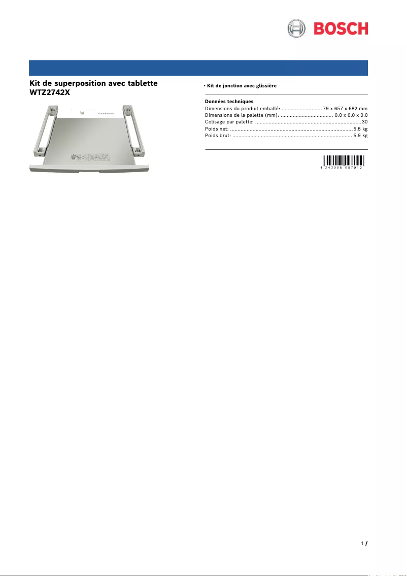 Page 1 de la notice Manuel utilisateur Bosch WTZ2742X