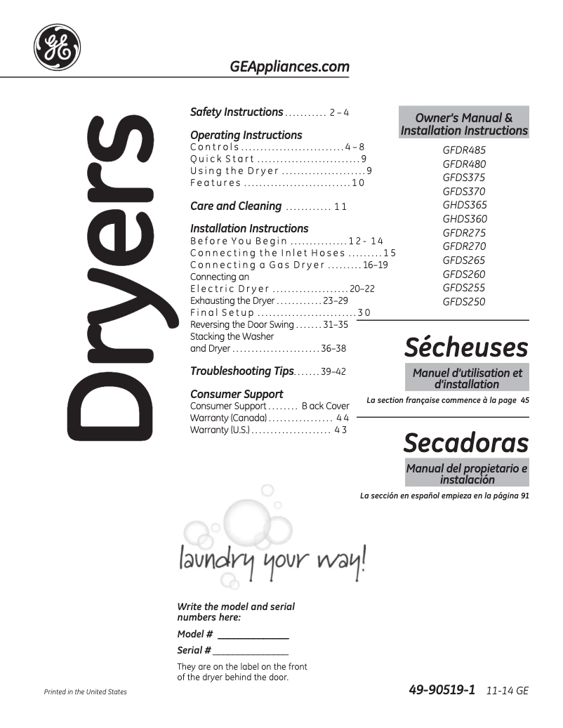 Page 1 de la notice Guide d'installation GE GFDR480GFWW