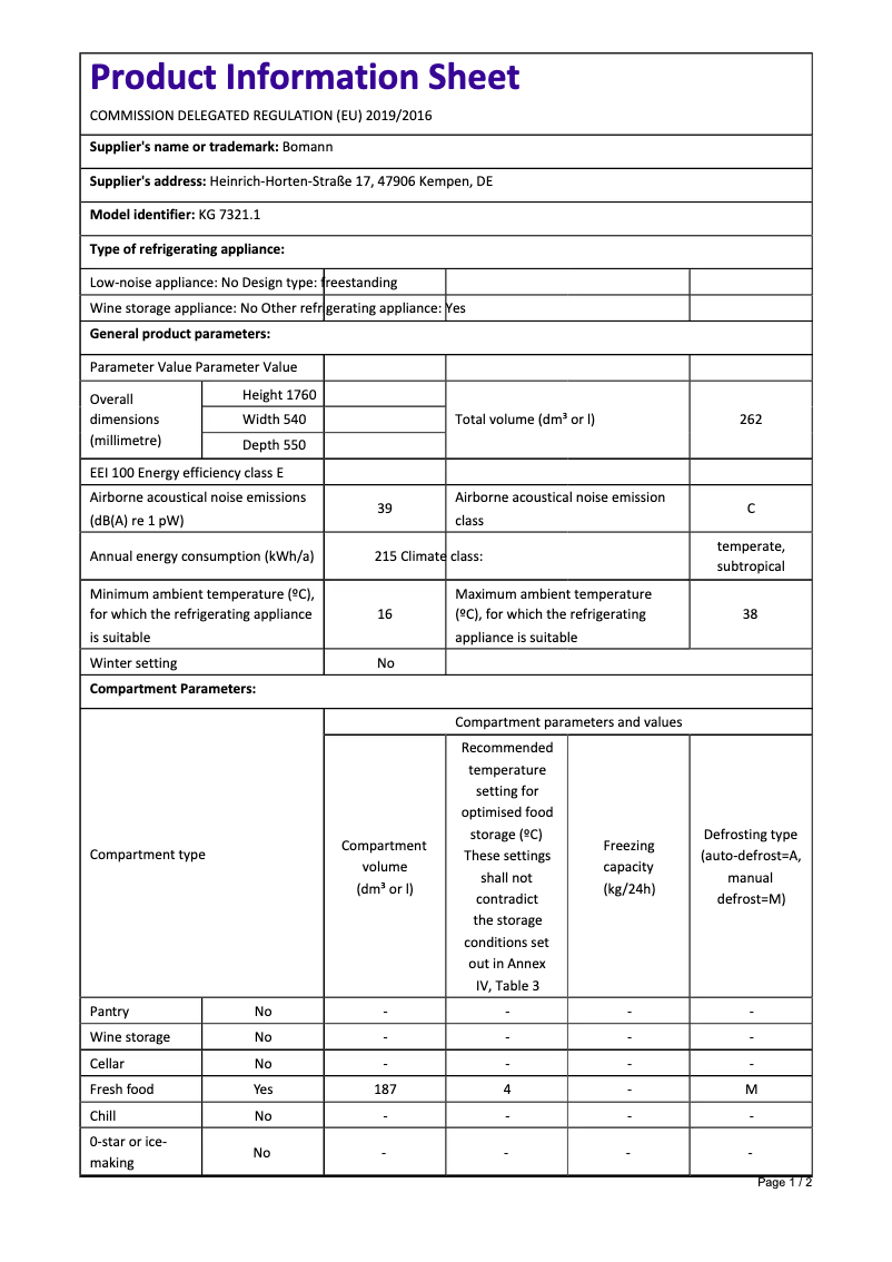 Page 1 de la notice Fiche technique Bomann KG 7321.1
