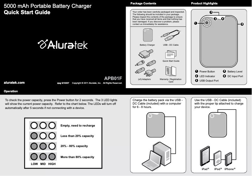 Page 1 de la notice Manuel utilisateur Aluratek APB01F