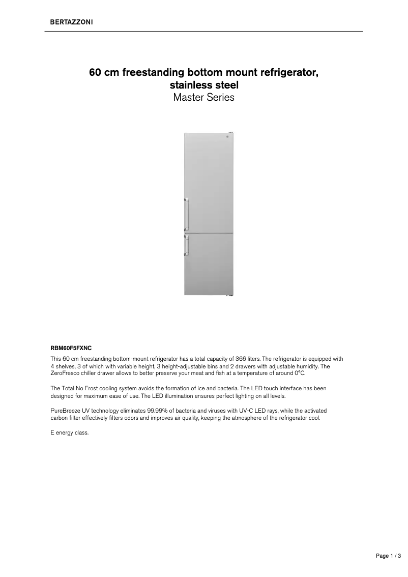 Page 1 de la notice Fiche technique Bertazzoni RBM60F5FXNC