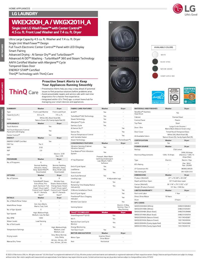 Page 1 de la notice Fiche technique LG WKEX200HGA
