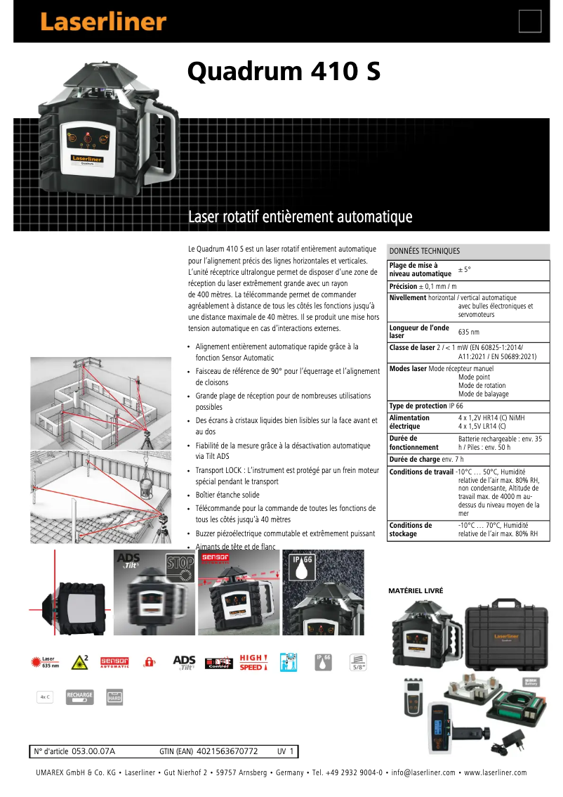 Page 1 de la notice Fiche technique Laserliner Quadrum 410S