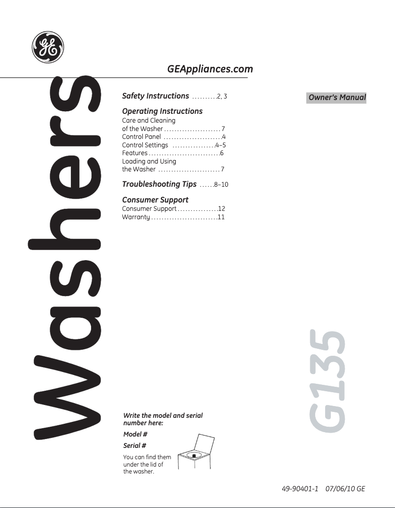 Page 1 of the manual User Manual GE GTWN4250MWS