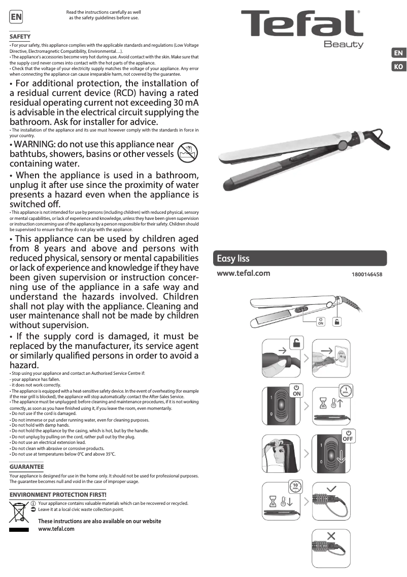 Page 1 de la notice Manuel utilisateur Tefal Easy liss HS1510
