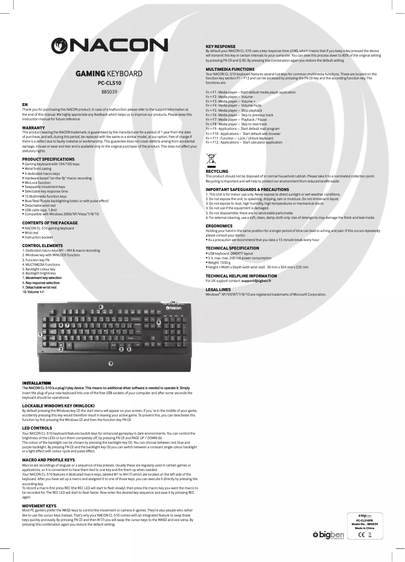 Page 1 de la notice Manuel utilisateur NACON CL-510