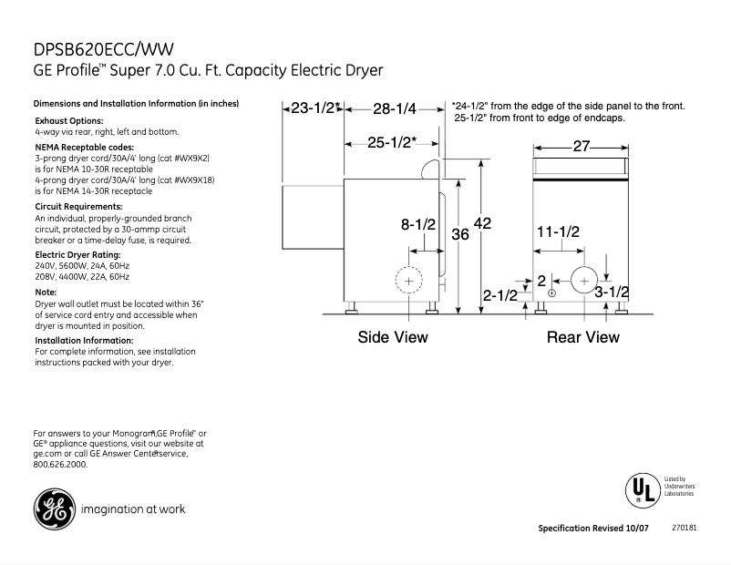 Page n°1 - Fiche technique GE Profile DPSB620ECCC