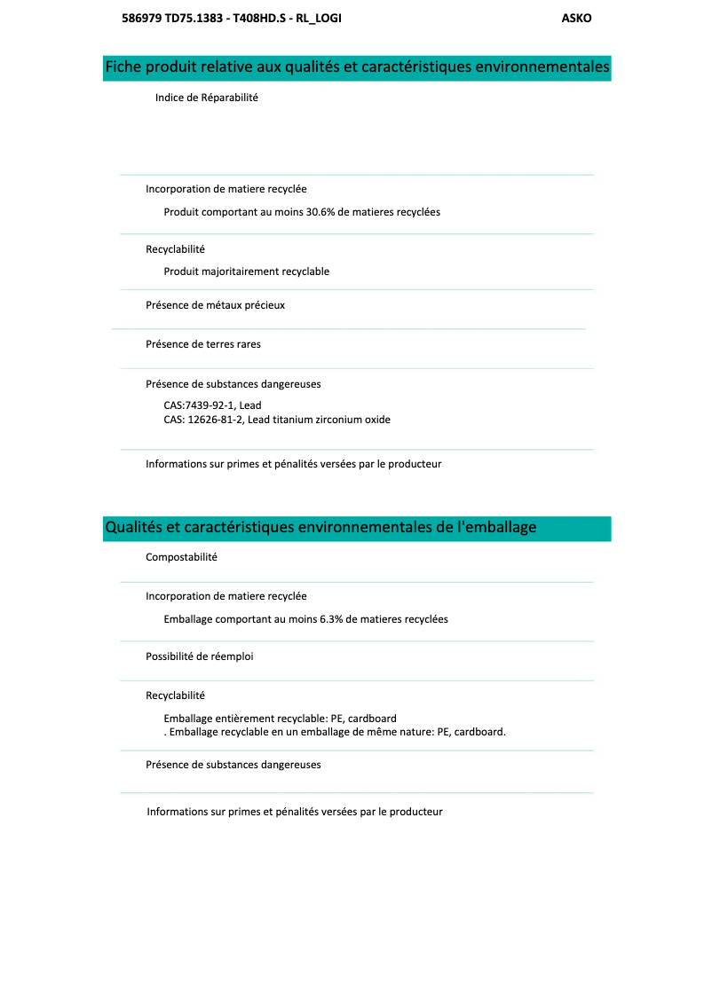 Page 1 de la notice Fiche technique Asko H408HDS
