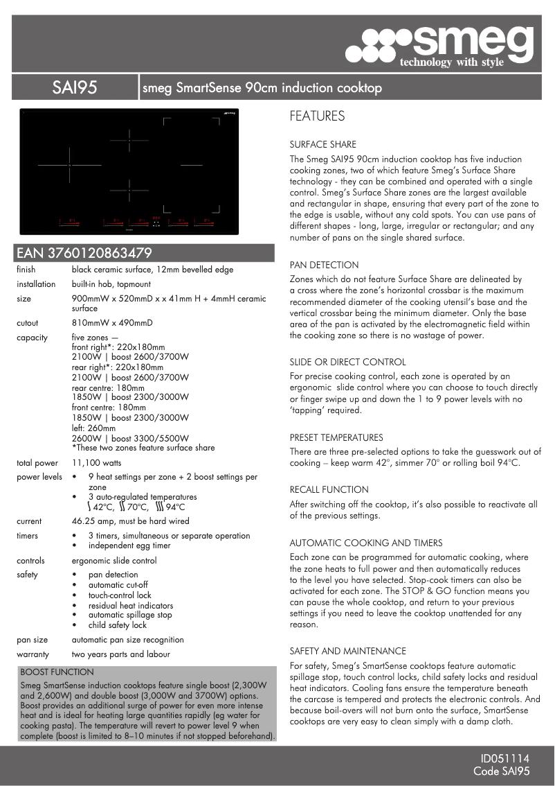 Page 1 de la notice Fiche technique Smeg SAI95