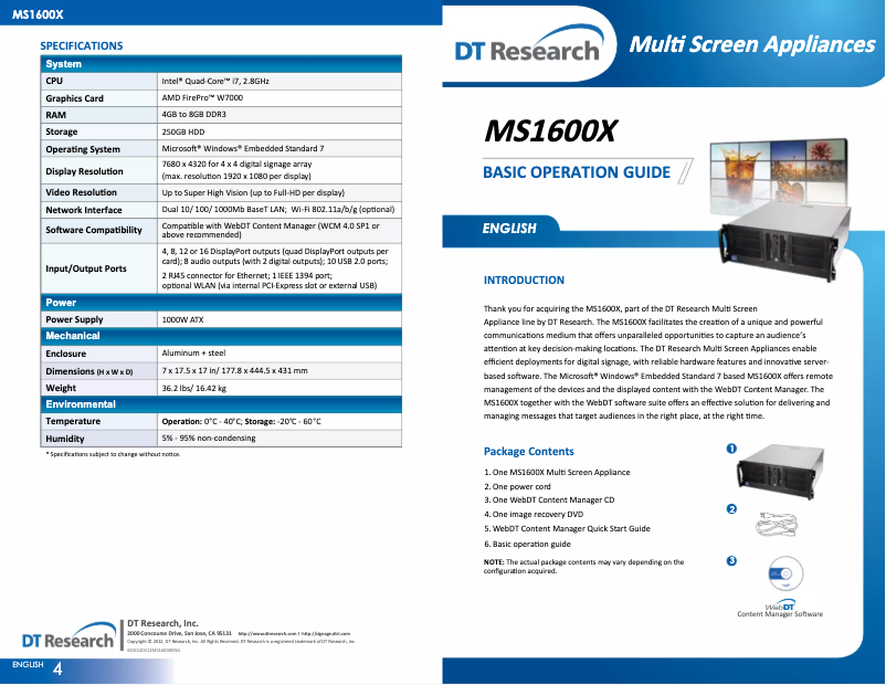 Page n°1 - Manuel utilisateur DT Research MS1600X