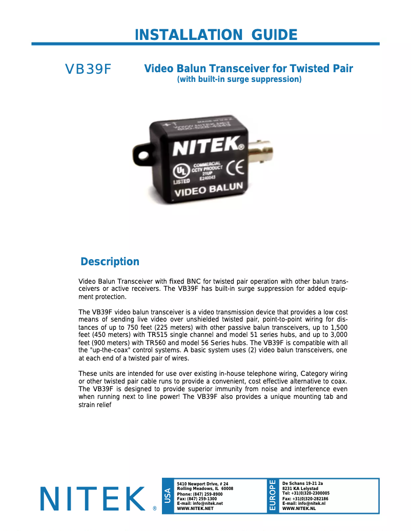 Page n°1 - Manuel utilisateur Nitek VB39F