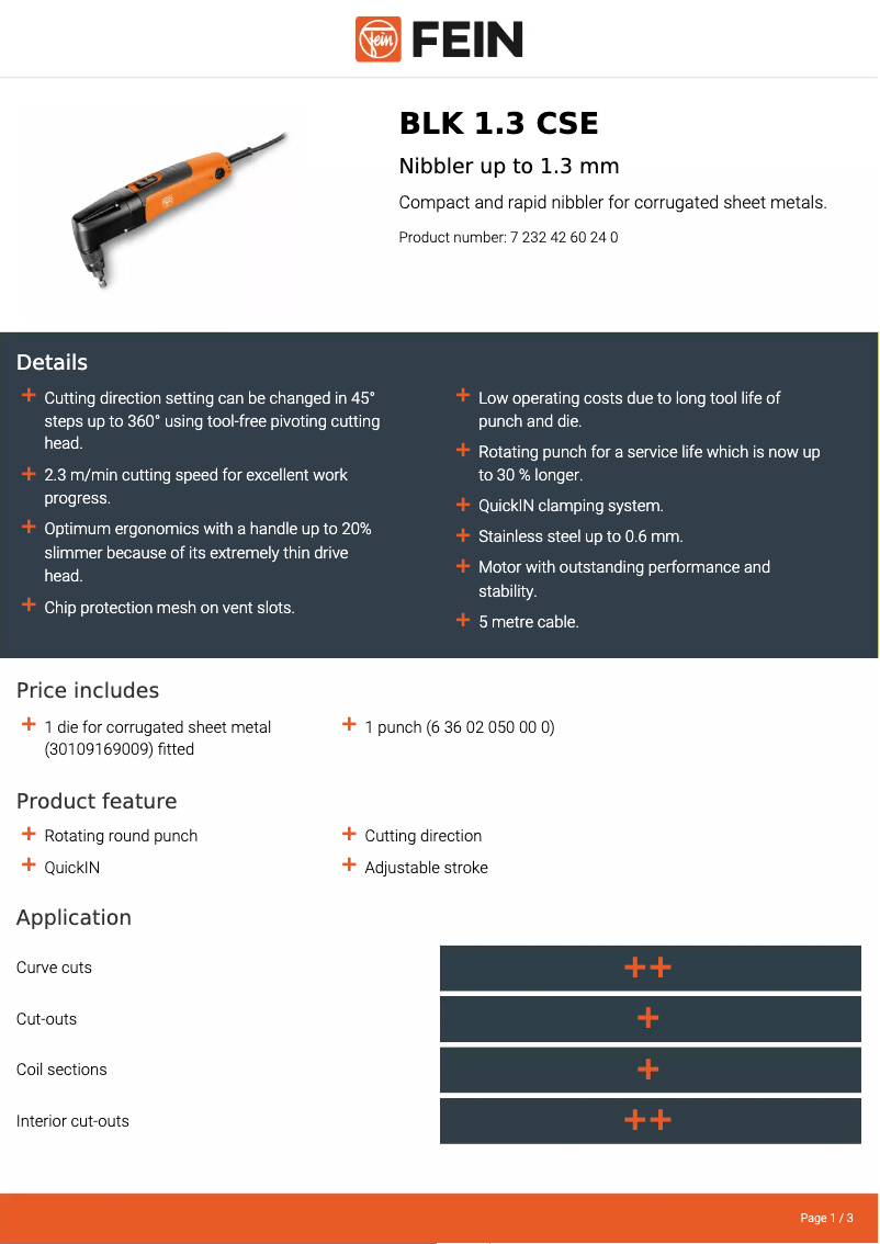 Page n°1 - Fiche technique Fein BLK 1.3 CSE