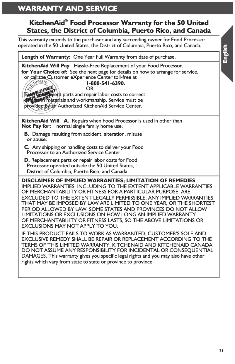 Page 1 de la notice Informations de garantie KitchenAid KFP1133ACS