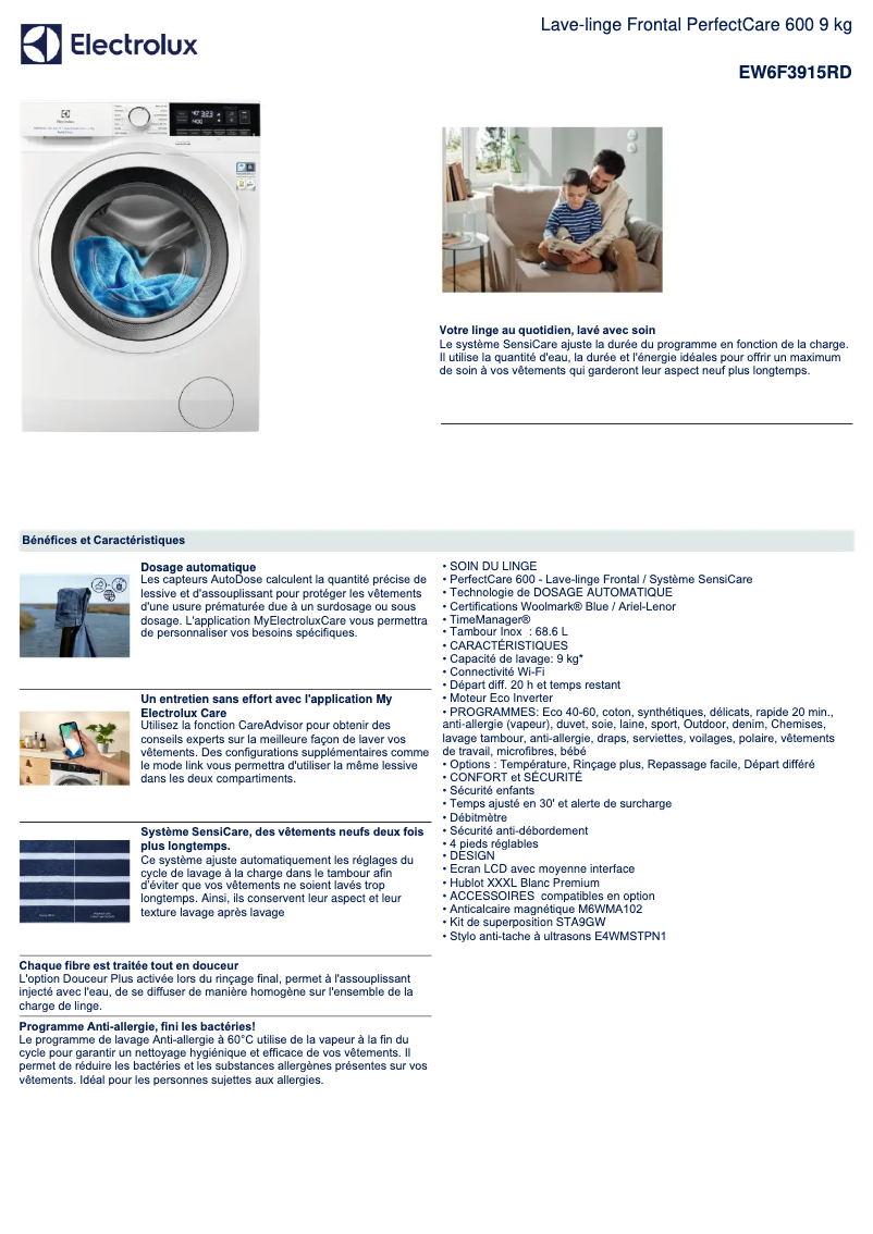 Page 1 de la notice Fiche technique Electrolux EW6F3915RD