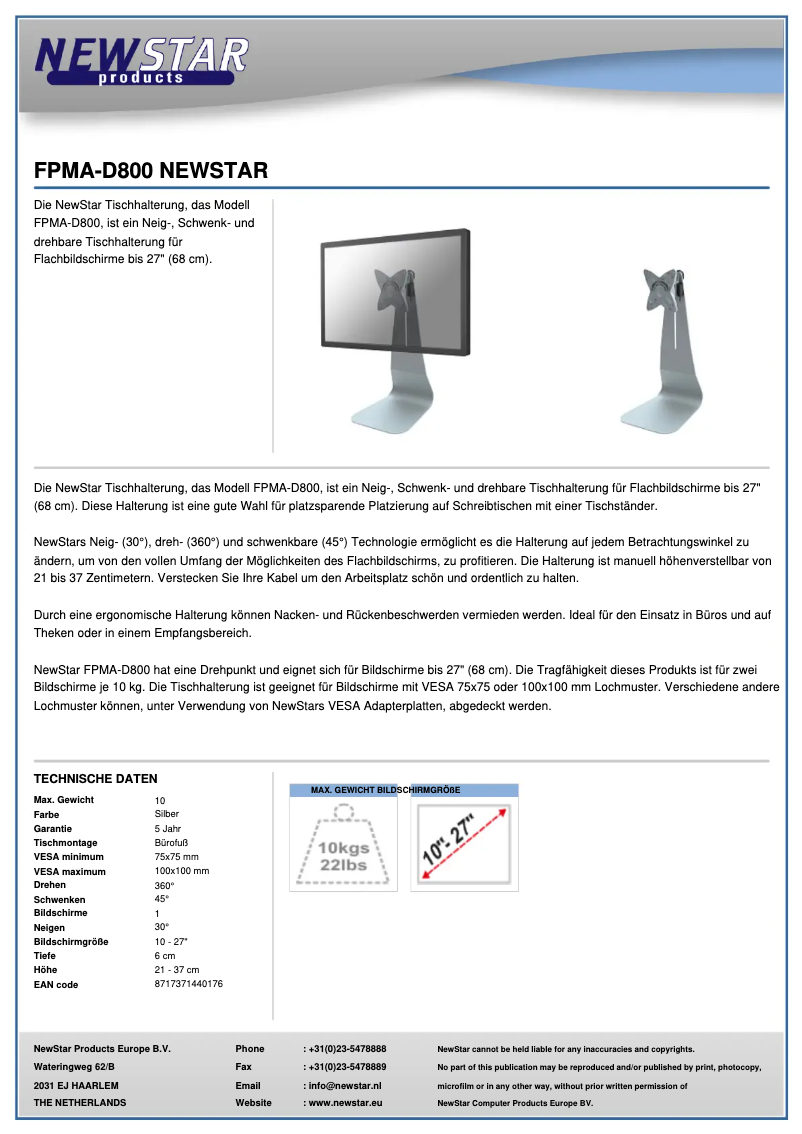 Page 1 de la notice Manuel utilisateur Newstar FPMA-D800