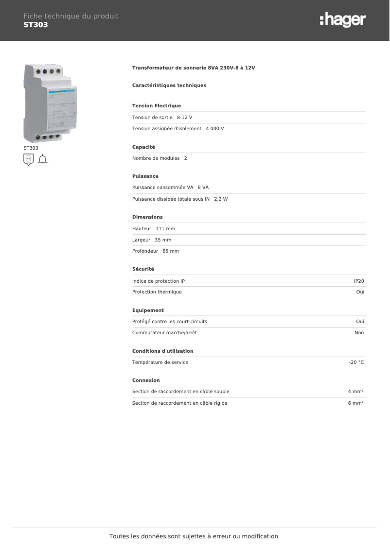 Page n°1 - Fiche technique Hager ST303