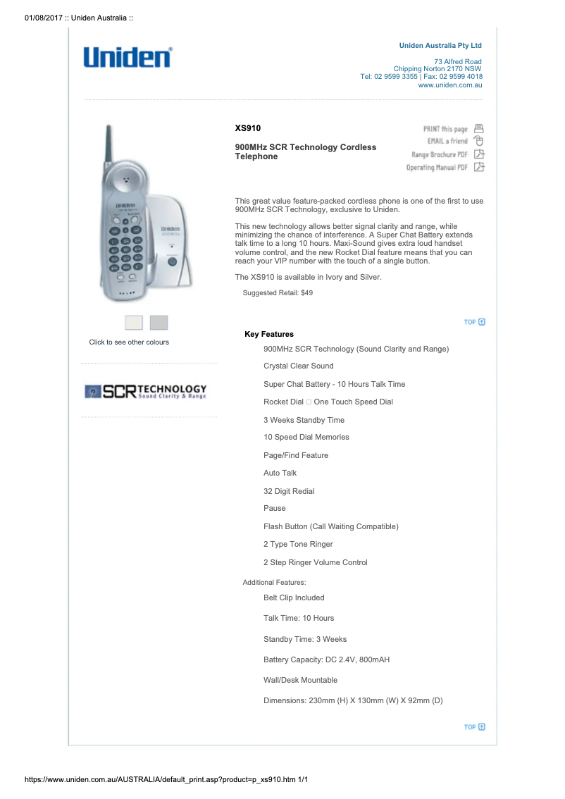 Page 1 de la notice Manuel utilisateur Uniden XS 910