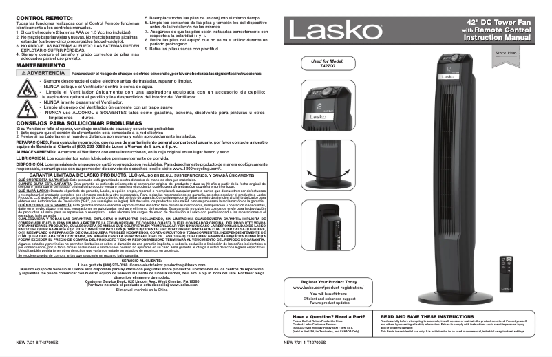 Page 1 de la notice Manuel utilisateur Lasko EcoQuiet T42700