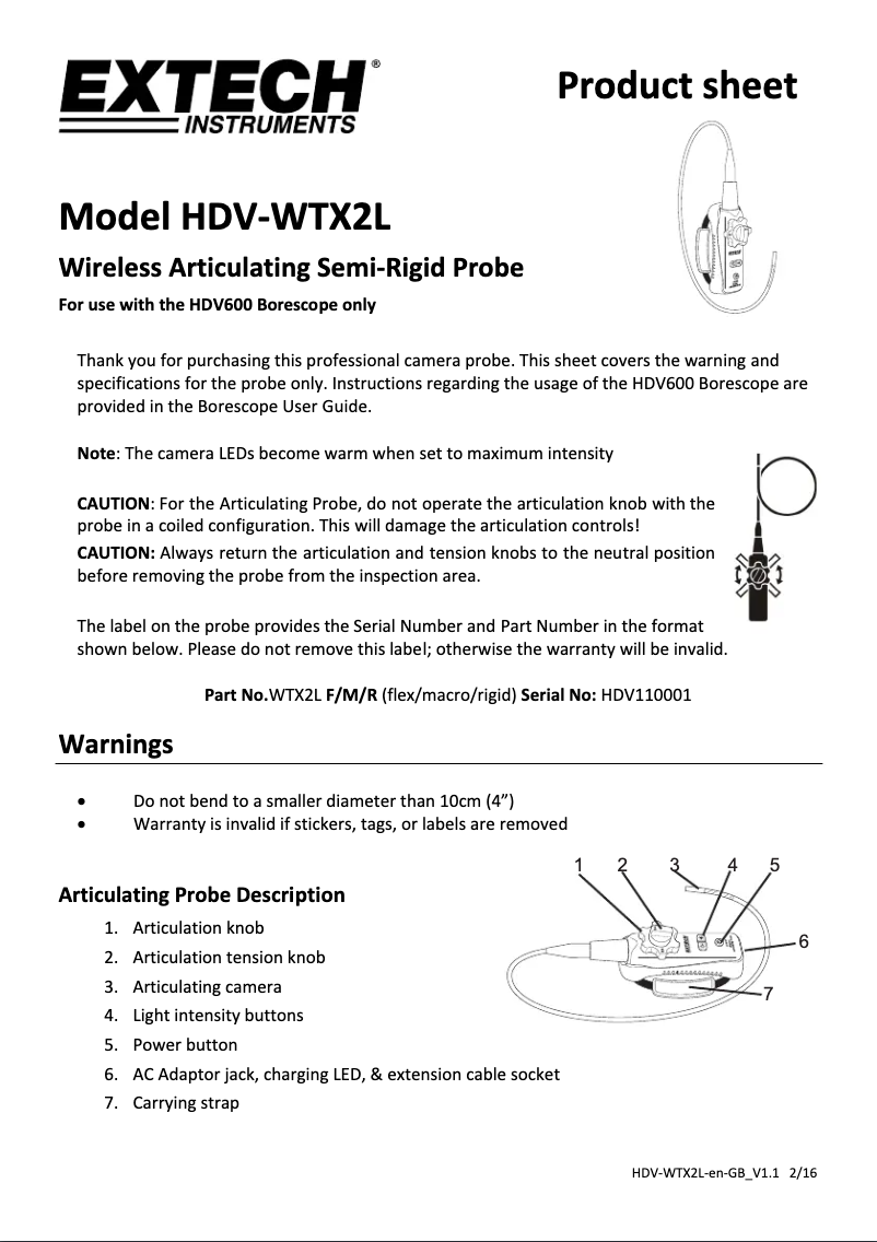 Page 1 de la notice Manuel utilisateur Extech HDV-WTX2L