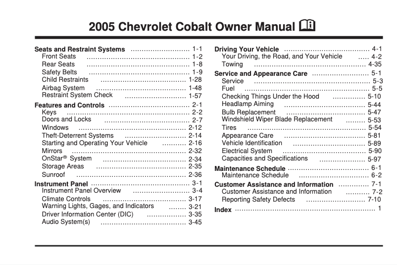 Page 1 de la notice Manuel utilisateur Chevrolet Cobalt (2005)