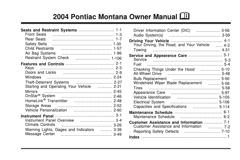 Page n°1 - Manuel utilisateur Pontiac Montana (2000)